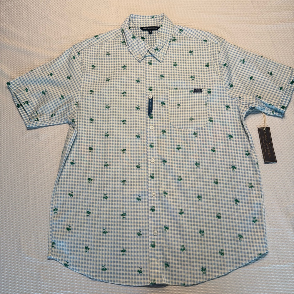 Simply Southern Men's blue and white Checkered Shirt with palm tree accents